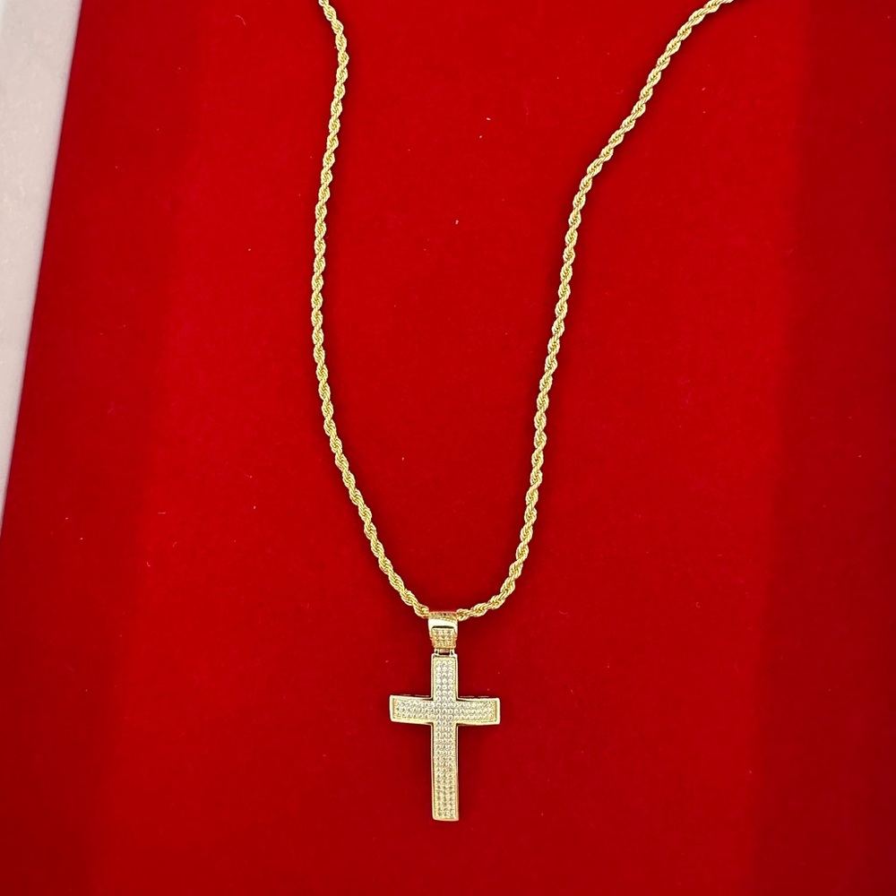 New Gold plated cz Cross charm Pendant with new rope chain Necklace